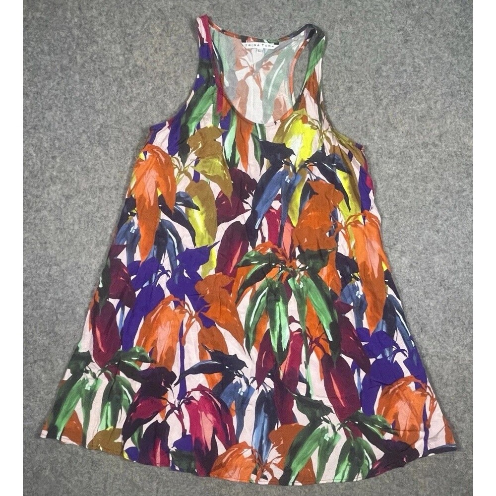 Trina Turk Sleeveless Dress Vibrant Multi-Color Leaf Print Tropical Pocket Large